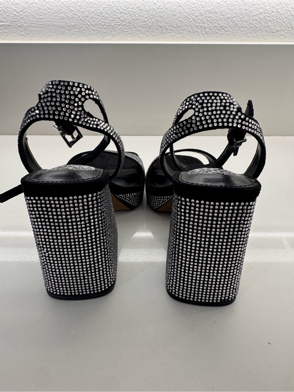 Vince Camuto Black Crystal Embellished Block Heel Sandals